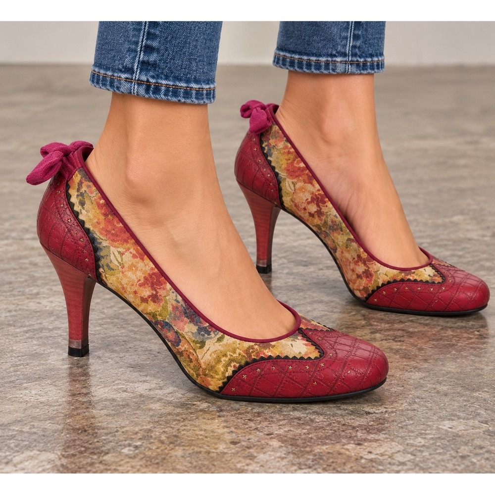 XOXO Floral Tapestry Pumps 7.5 Burgundy Croc Bow Heels Y2K Whimsigoth Romantic